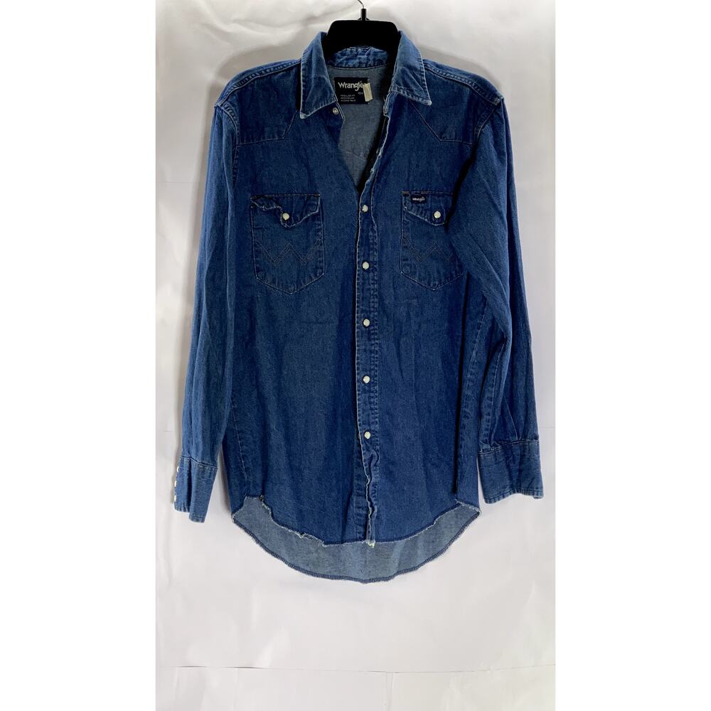 WRANGLER Men's Dark Blue Denim Regular-Fit Distressed Button-Up Shirt SZ 15.5 33